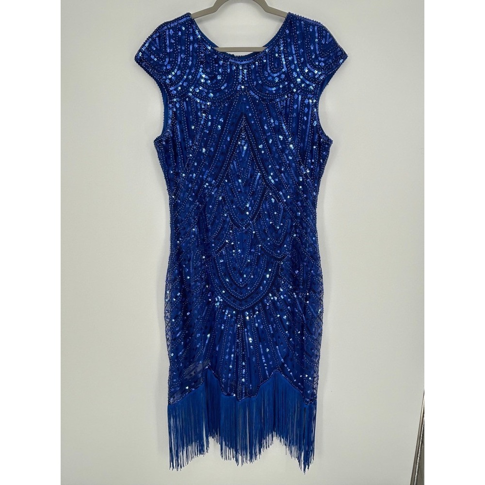 Fundaisy Womens 2XL Sequin Fringe Midi Dress Art Deco Flapper Jazz Maximalist